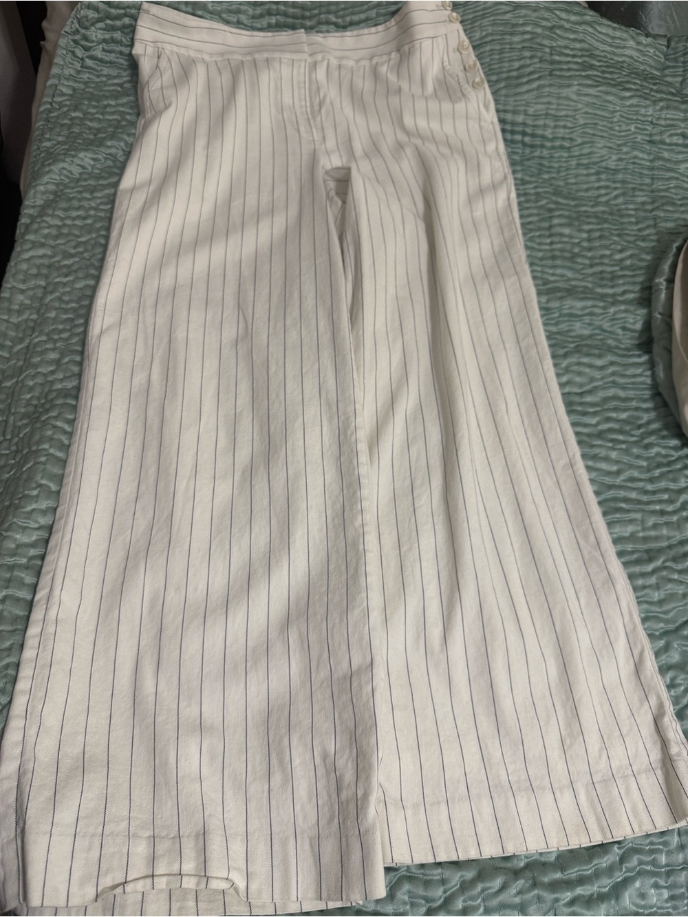 Talbots White Pinstripe Flare Pants with Navy Stripes
